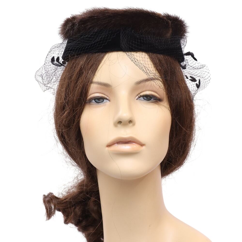 Vintage 1960s Brown Fur Ring Hat Black Velvet Veil Fascinator